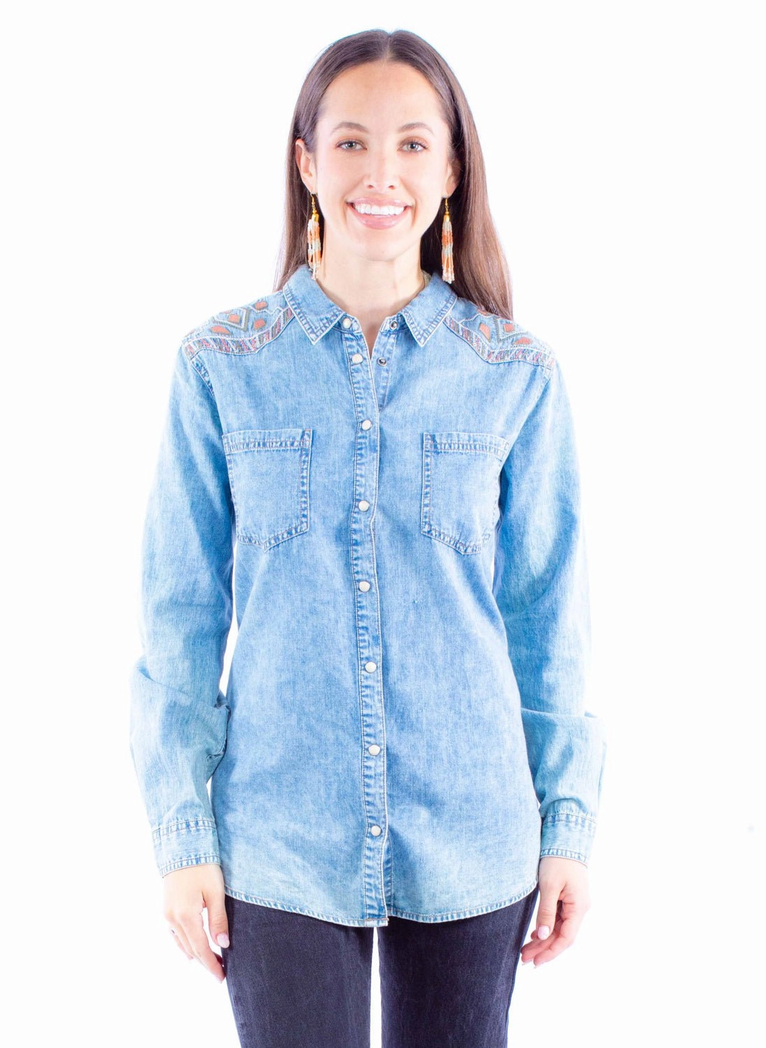 Round Collar Workwear Ready Scully Womens Acid Wash Blue 100% Cotton L/S Shirt