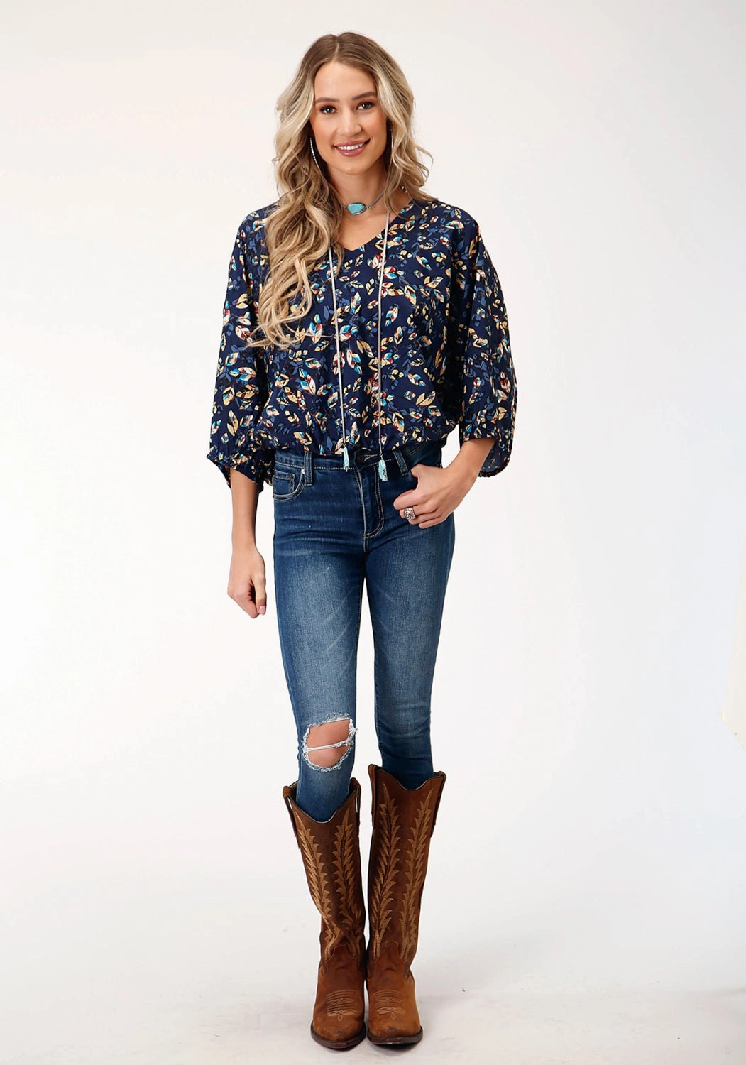 Relaxed Comfort Versatile Outfit Roper Womens Feather Foliage Blue Polyester 3/4 Sleeve S/S Tunic