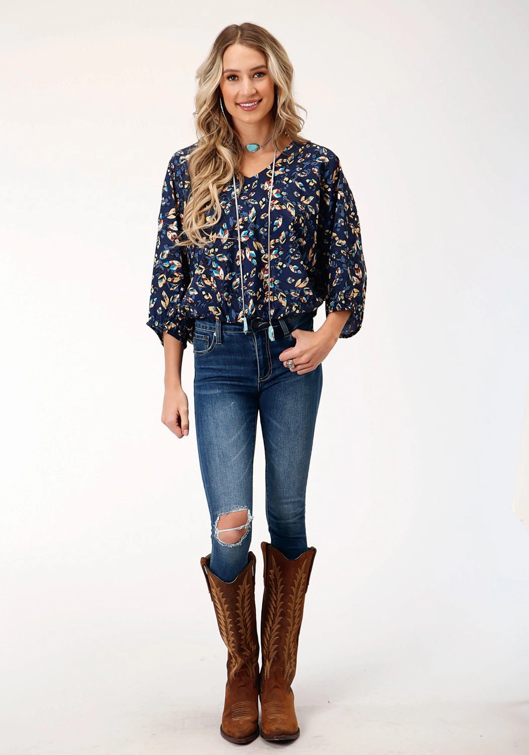 Active Wear Functional Design Roper Womens Feather Foliage Blue Polyester 3/4 Sleeve S/S Tunic