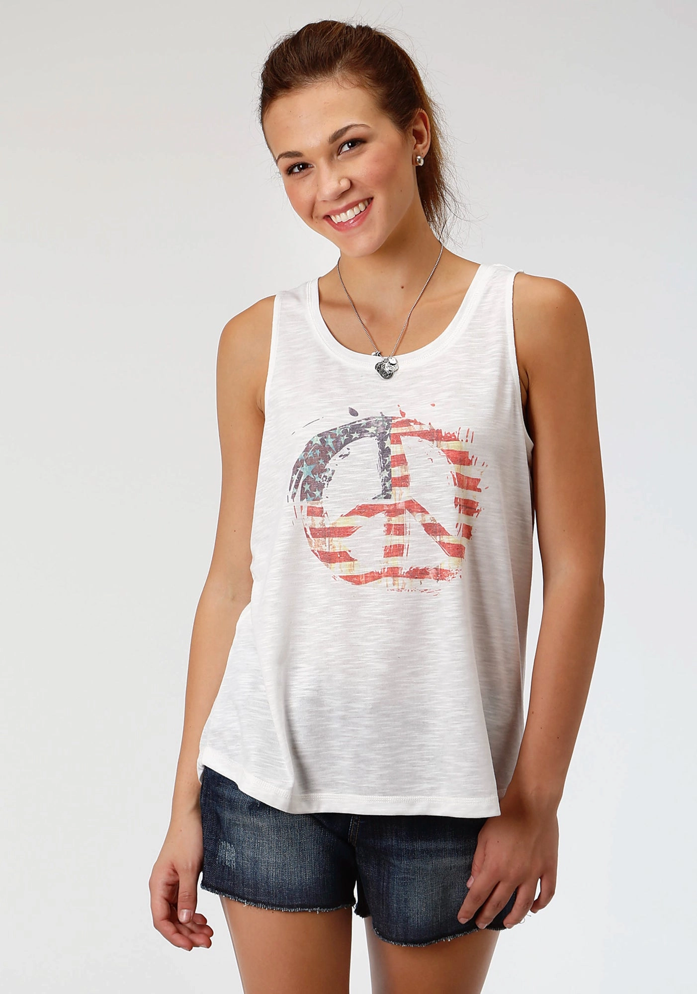 Snag Resistant Fabric Roper Womens White Cotton Blend Flag Peace Tank Top