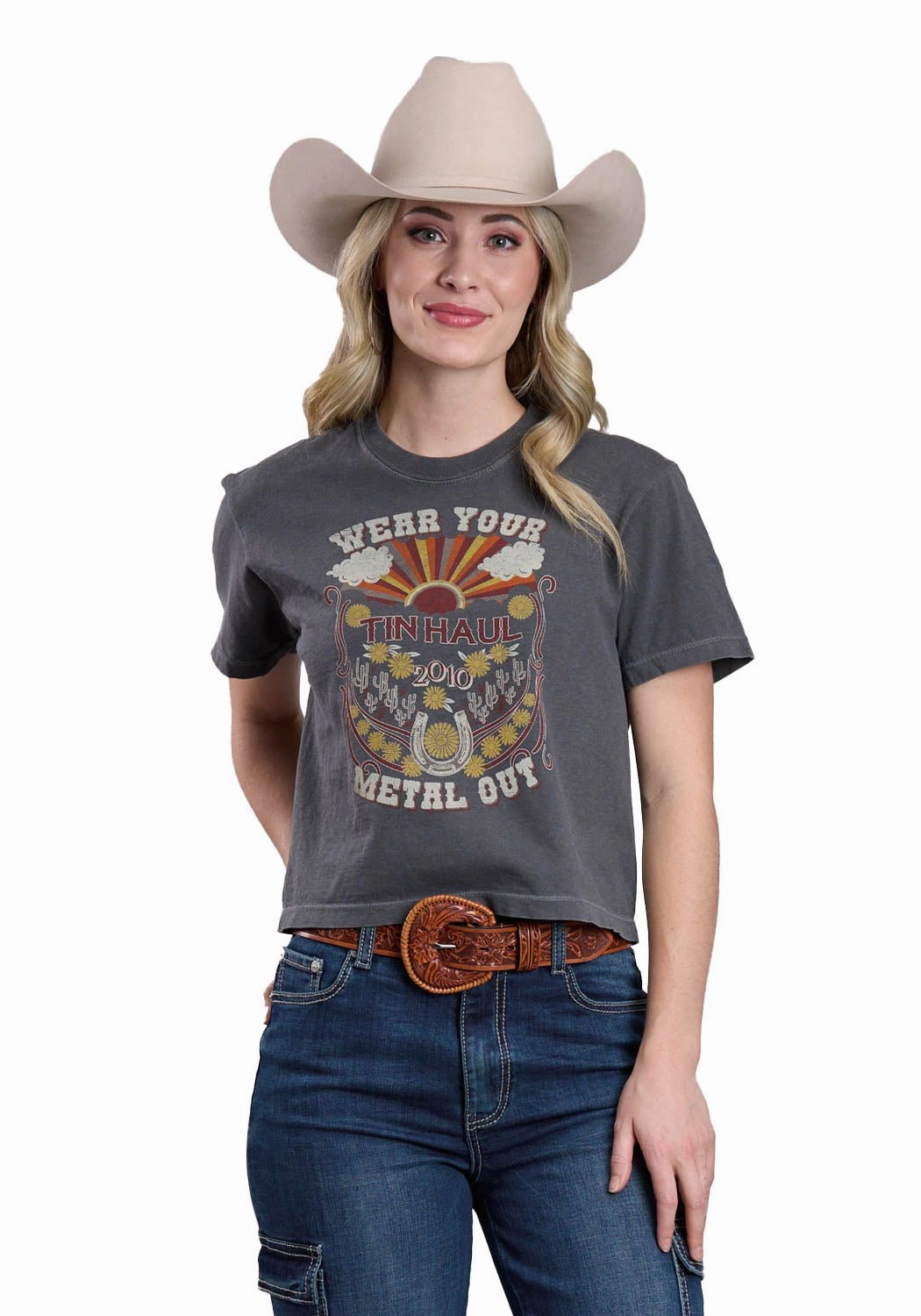 Adjustable Hem Poolside Lounge Tin Haul Womens 2010 Wear Your Metal Out Gray 100% Cotton S/S T-Shirt