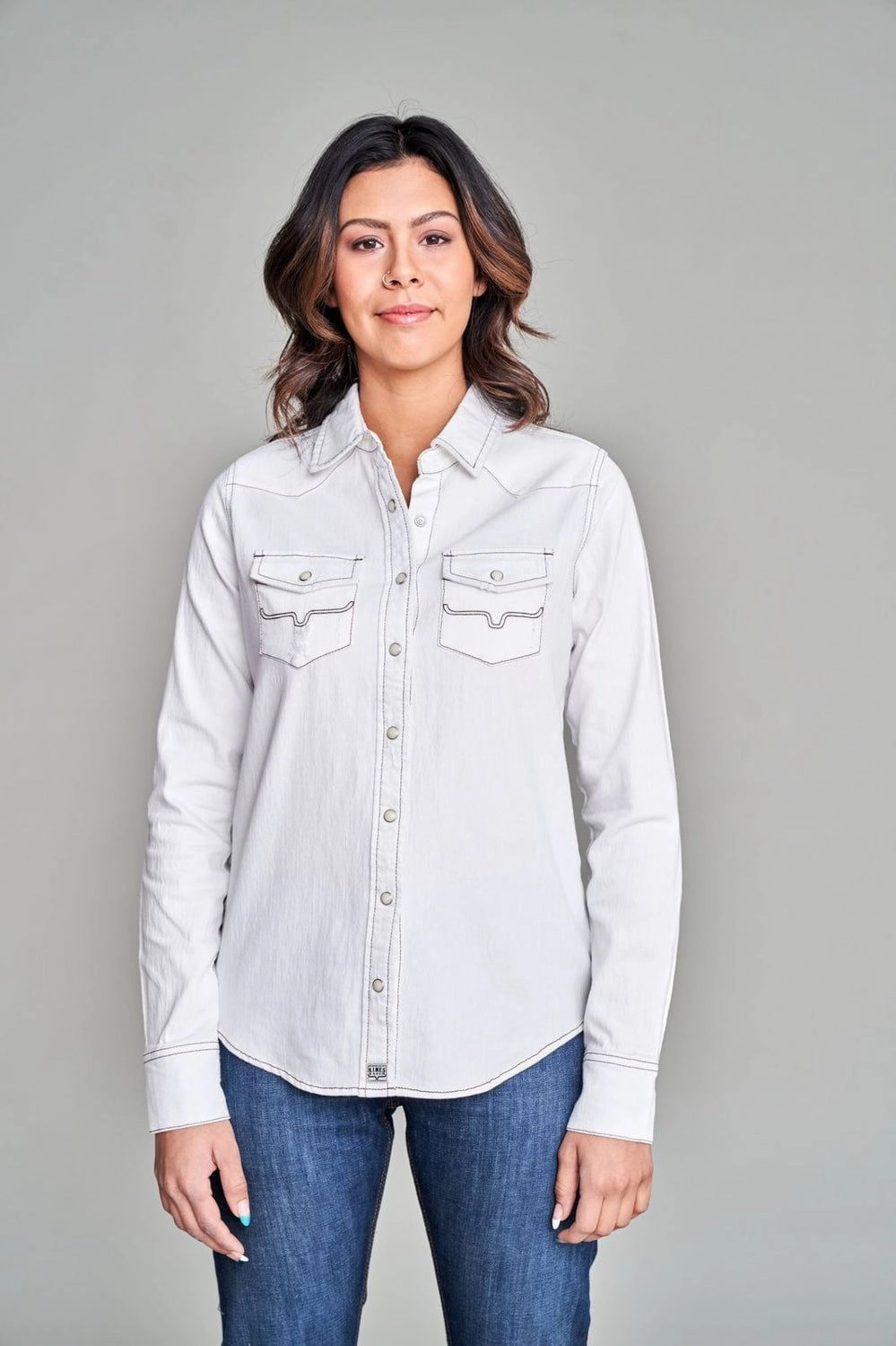 Kimes Ranch Womens Kaycee Denim Winter White Cotton blend L/S Shirt Versatile Layering Piece