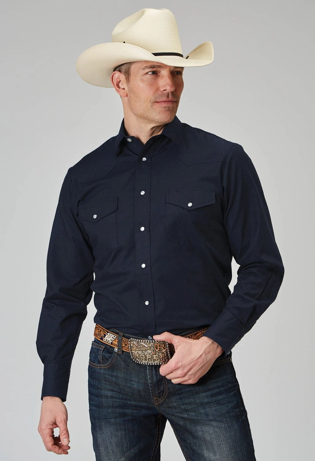 birthday celebration Roper Mens Solid Broadcloth Deep Navy Cotton Blend L/S Shirt