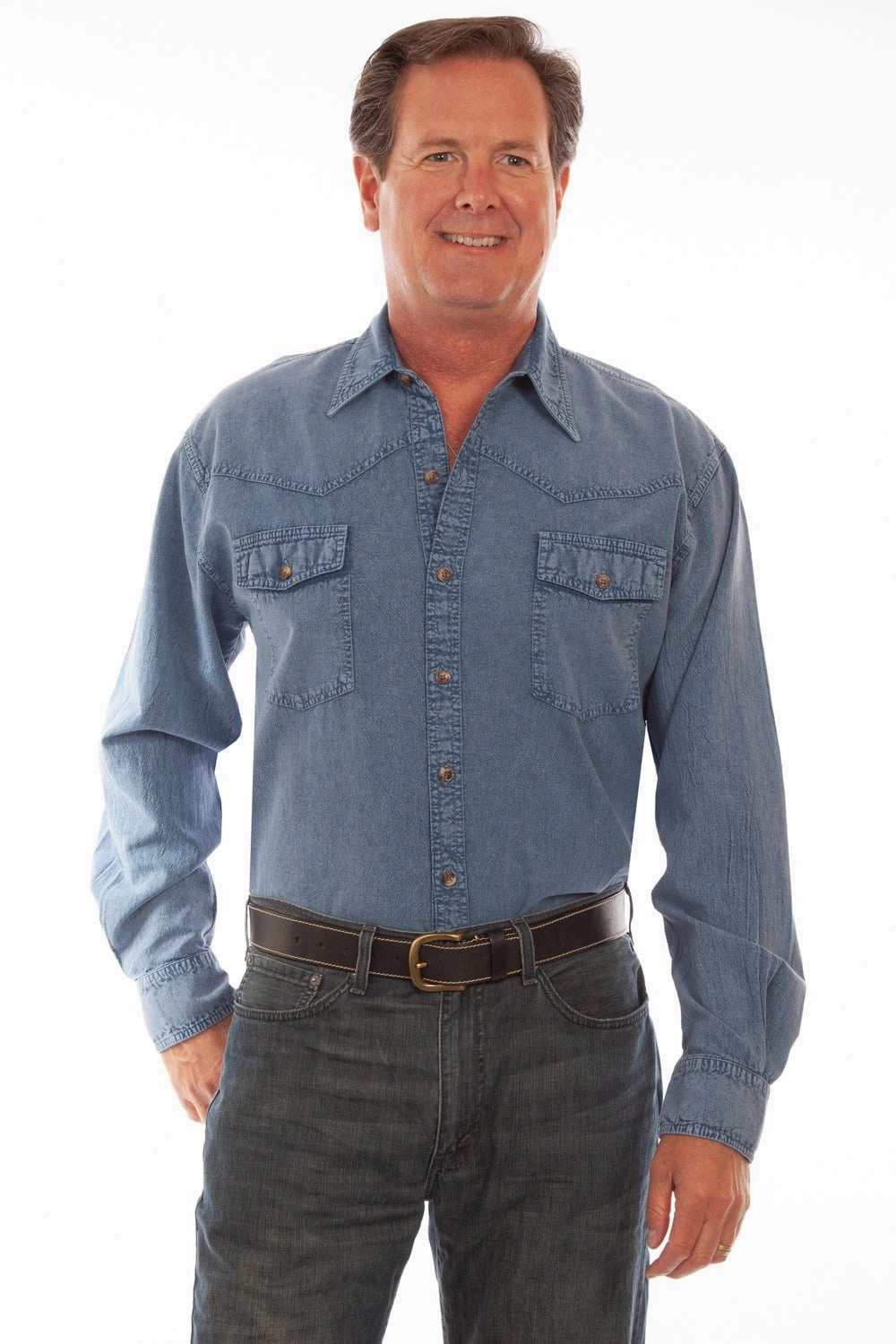 Scully Mens Lt Washed Denim 100% Cotton Western L/S Shirt All-Season Wear Anti Static Lining