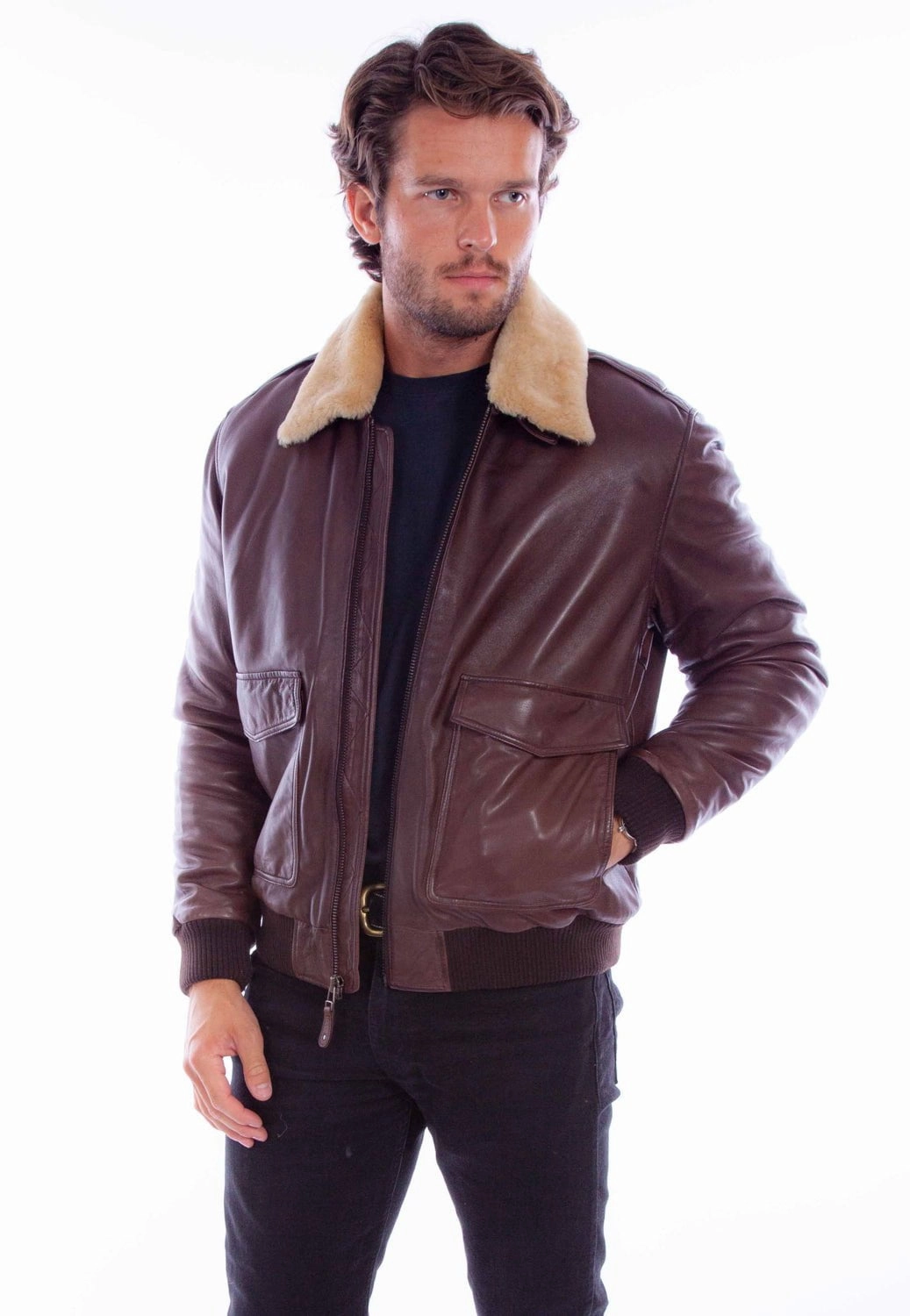 Scully Mens Aviation Bomber Brown Leather Leather Jacket City Chill Style Non Bulky Profile