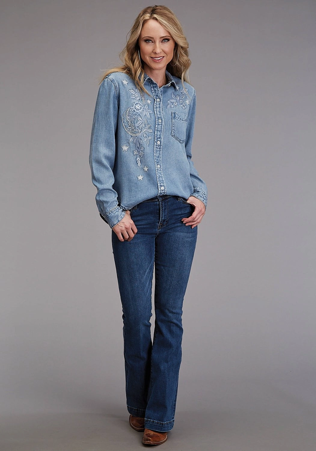 Stetson Womens Floral Embroidered Denim Blue Lyocell L/S Blouse Daytime Look