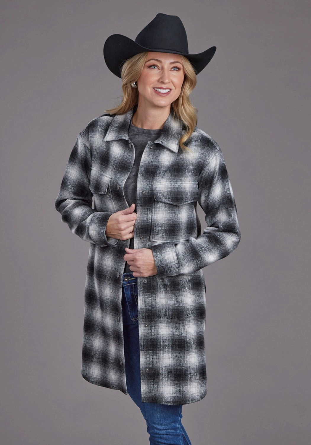 Stetson Womens Ombre Oversized Plaid Black Poly/Wool Jacket Weather Smart Look Seamless construction