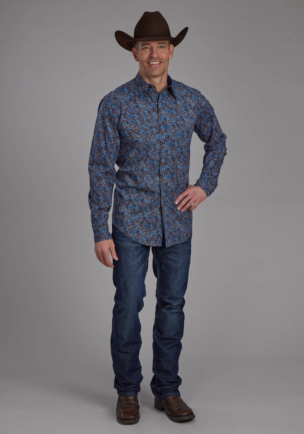 Weekend Outing Sleek Silhouette Roper Mens 2172 River Paisley Brown 100% Cotton L/S Shirt