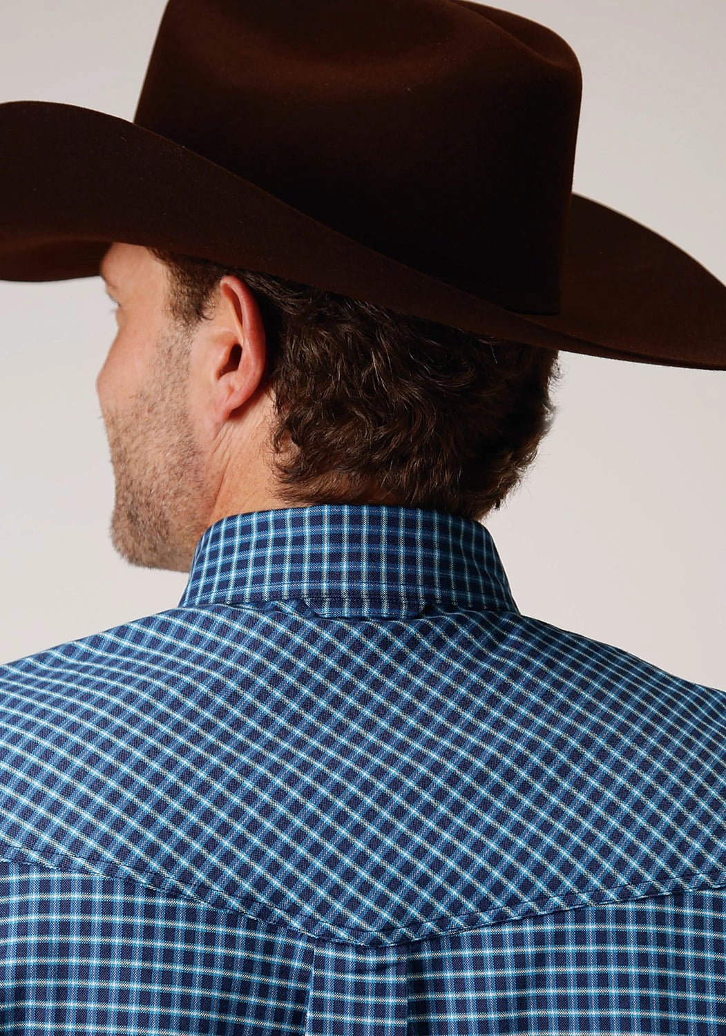 Roper Mens Blue 100% Cotton Oxford Check BD L/S Btn Shirt Short Sleeve