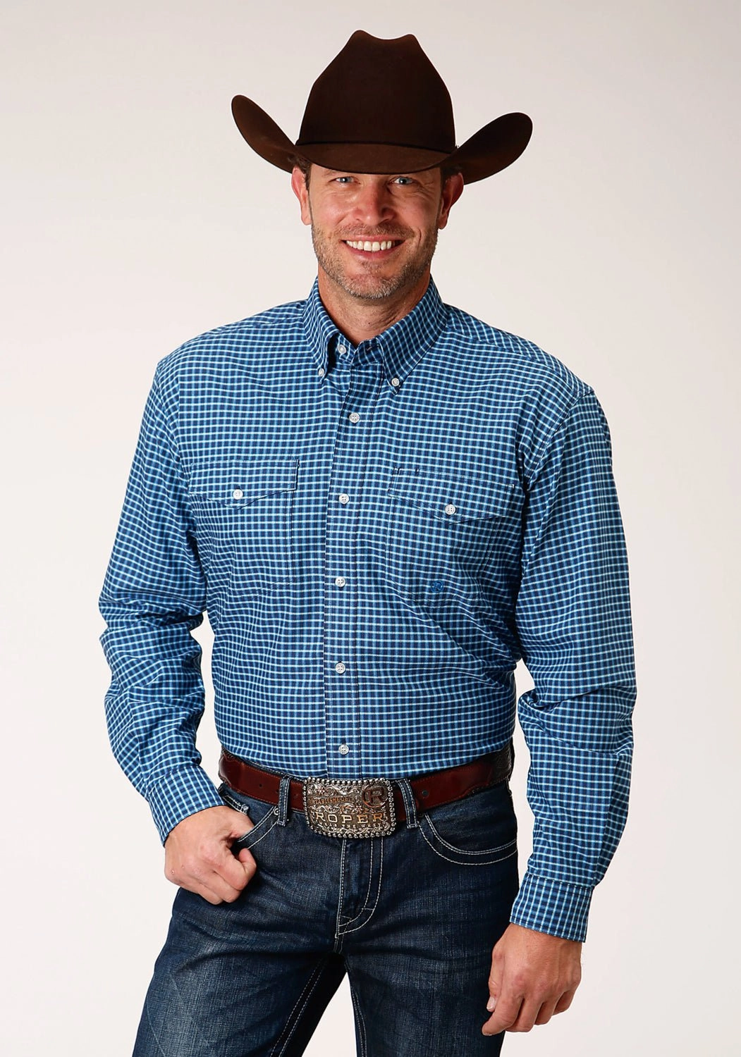 Roper Mens Blue 100% Cotton Oxford Check BD L/S Btn Shirt Flexible Material All-Season Wear