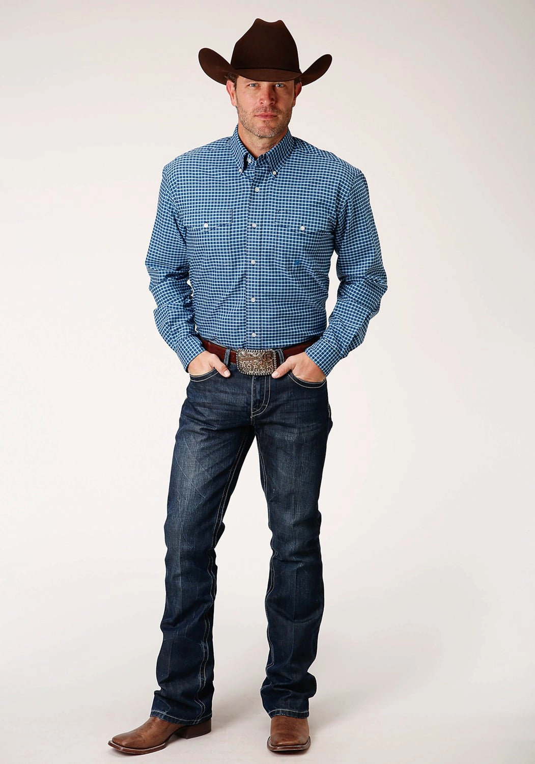 Classic Appeal Roper Mens Blue 100% Cotton Oxford Check BD L/S Btn Shirt