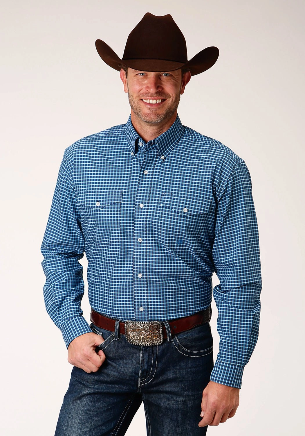 Flatlock stitching Roper Mens Blue 100% Cotton Oxford Check BD L/S Btn Shirt