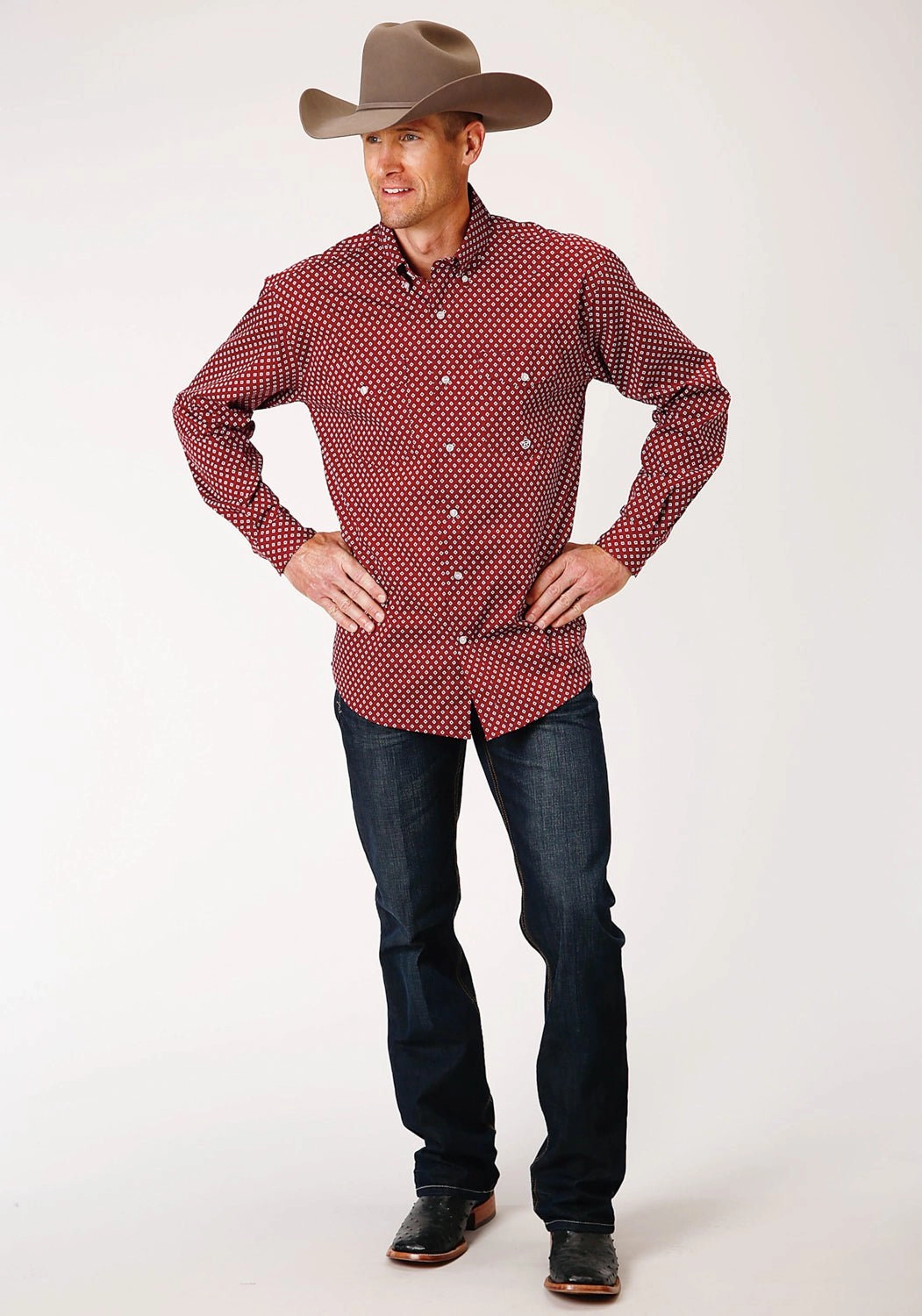 High-End Finish Roper Mens Wine Cotton Blend Diamond Poplin BD L/S Btn Shirt