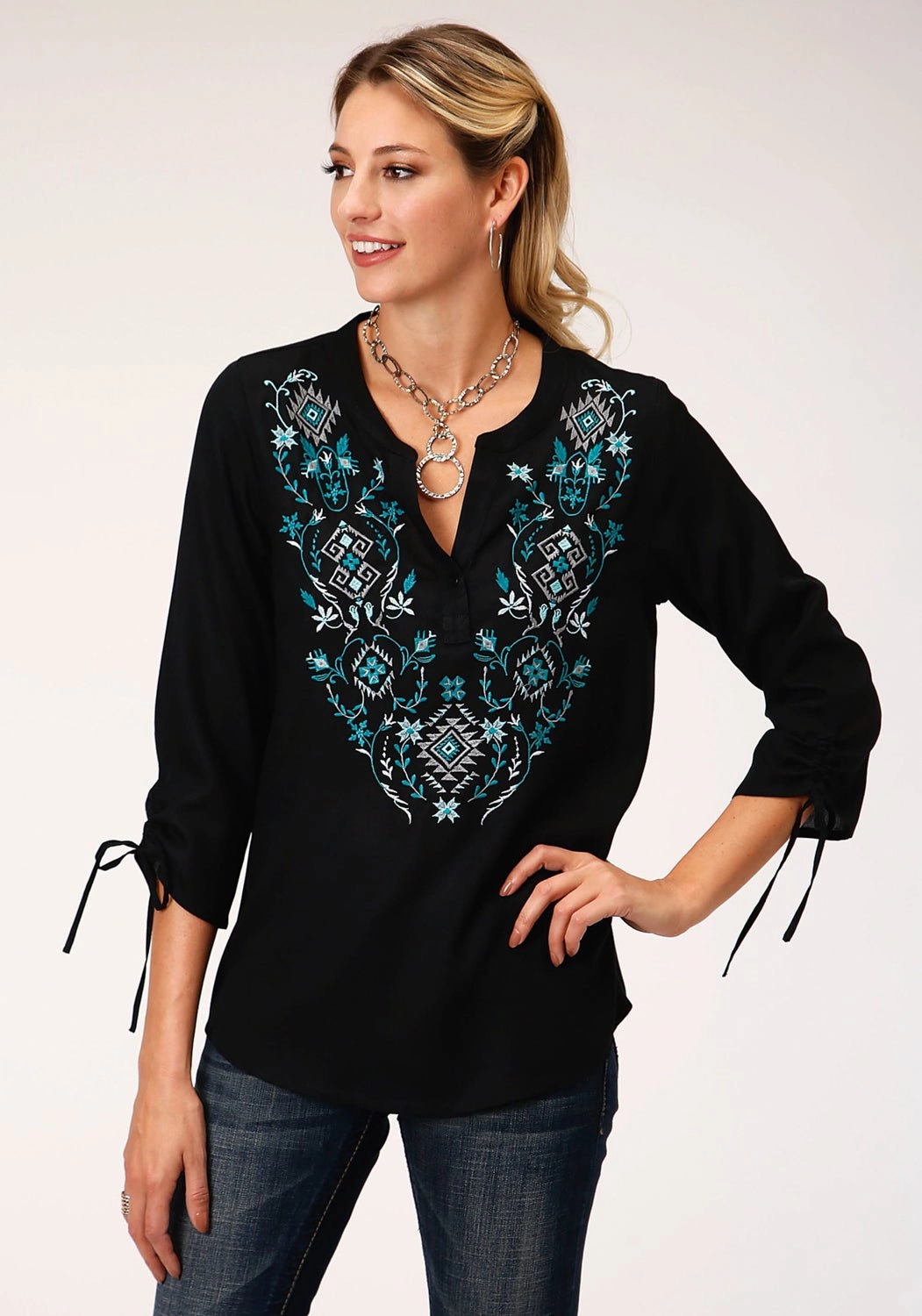 Eco-Friendly Fabric Youthful Vibe Roper Womens Black Rayon/Nylon Colorful Aztec S/S Blouse
