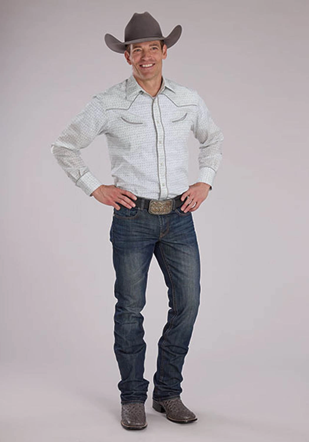 Roper Mens 2481 Retro Floral Grey/White Cotton Blend L/S Shirt Matte Look Eco friendly materials