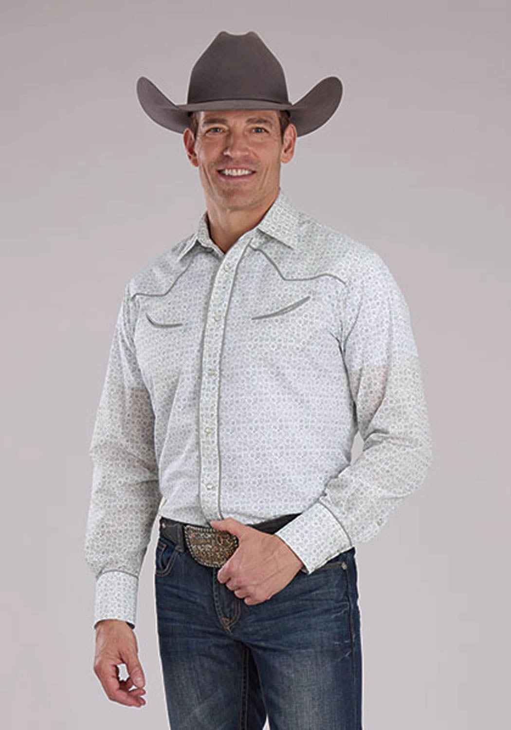 Sleeveless Cut Boho chic Roper Mens 2481 Retro Floral Grey/White Cotton Blend L/S Shirt