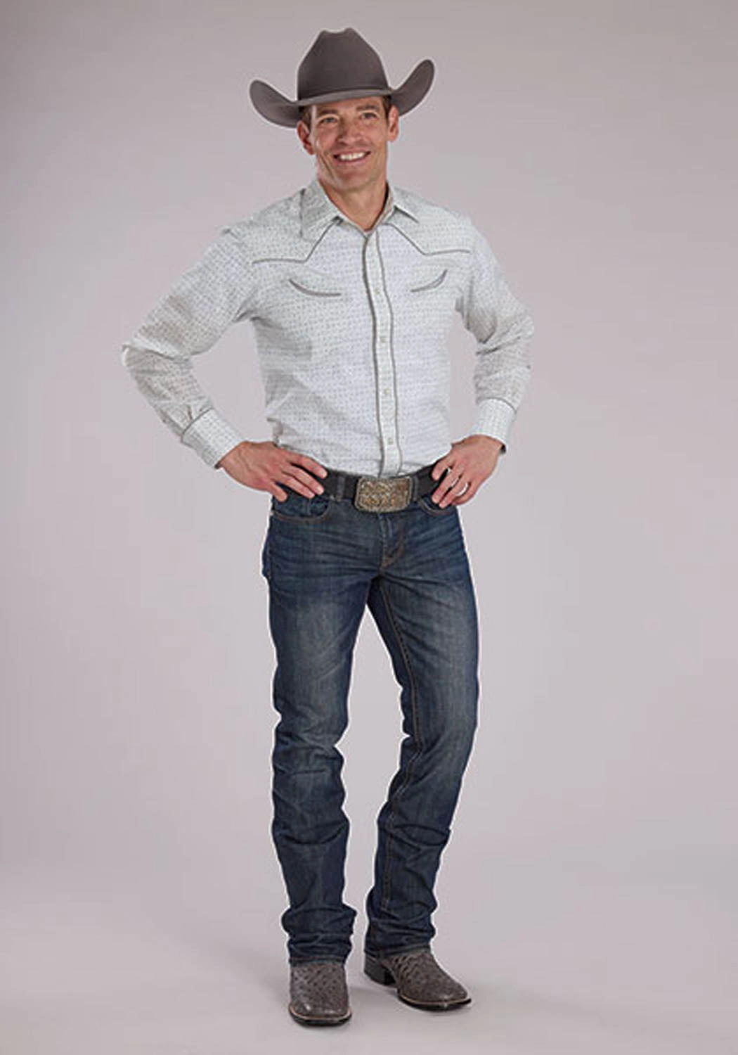 Asymmetrical Cut Luxury Feel Roper Mens 2481 Retro Floral Grey/White Cotton Blend L/S Shirt