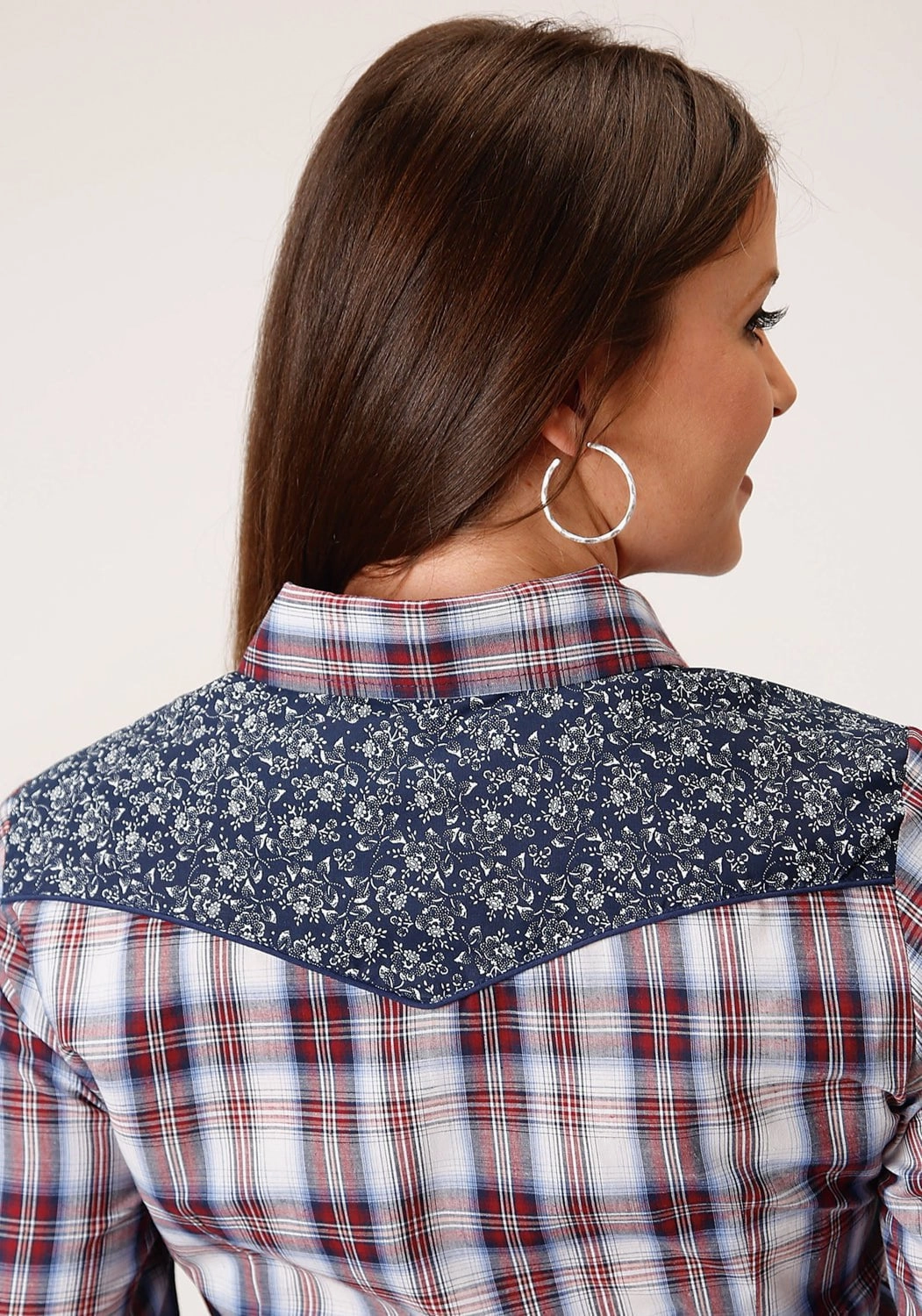 adult clothing Roper Womens 1510 Plaid Wine/Navy Cotton Blend Retro L/S Shirt