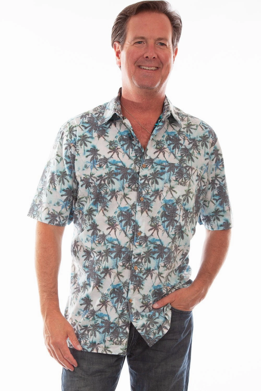 Scully Mens White/Turquoise 100% Cotton Palm Trees S/S Shirt Ombre look