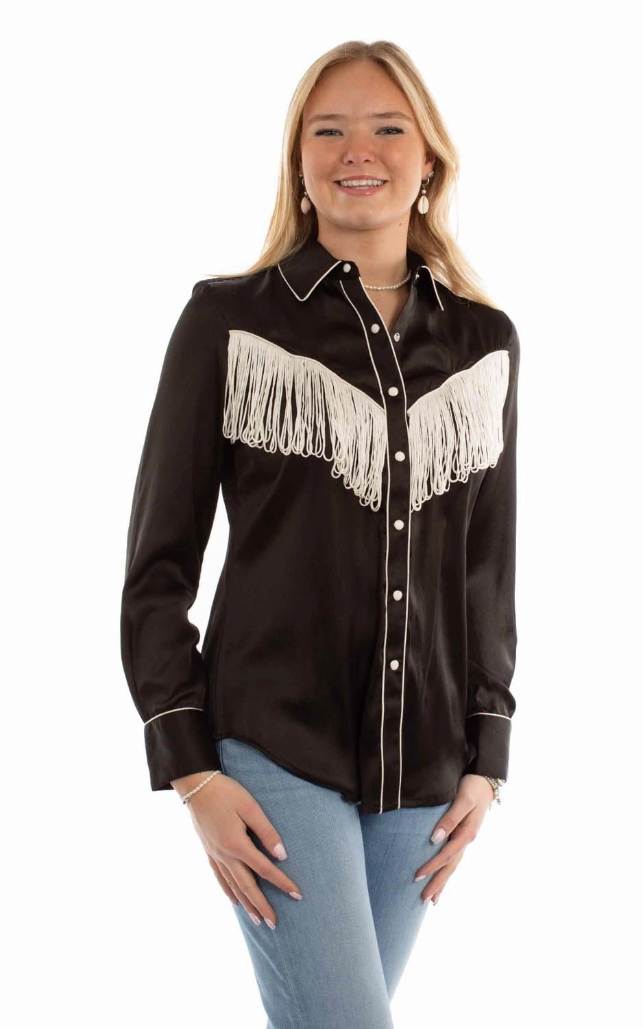 Microfiber Material Scully Womens Retro Western Style Fringe Black 100% Polyester L/S Blouse