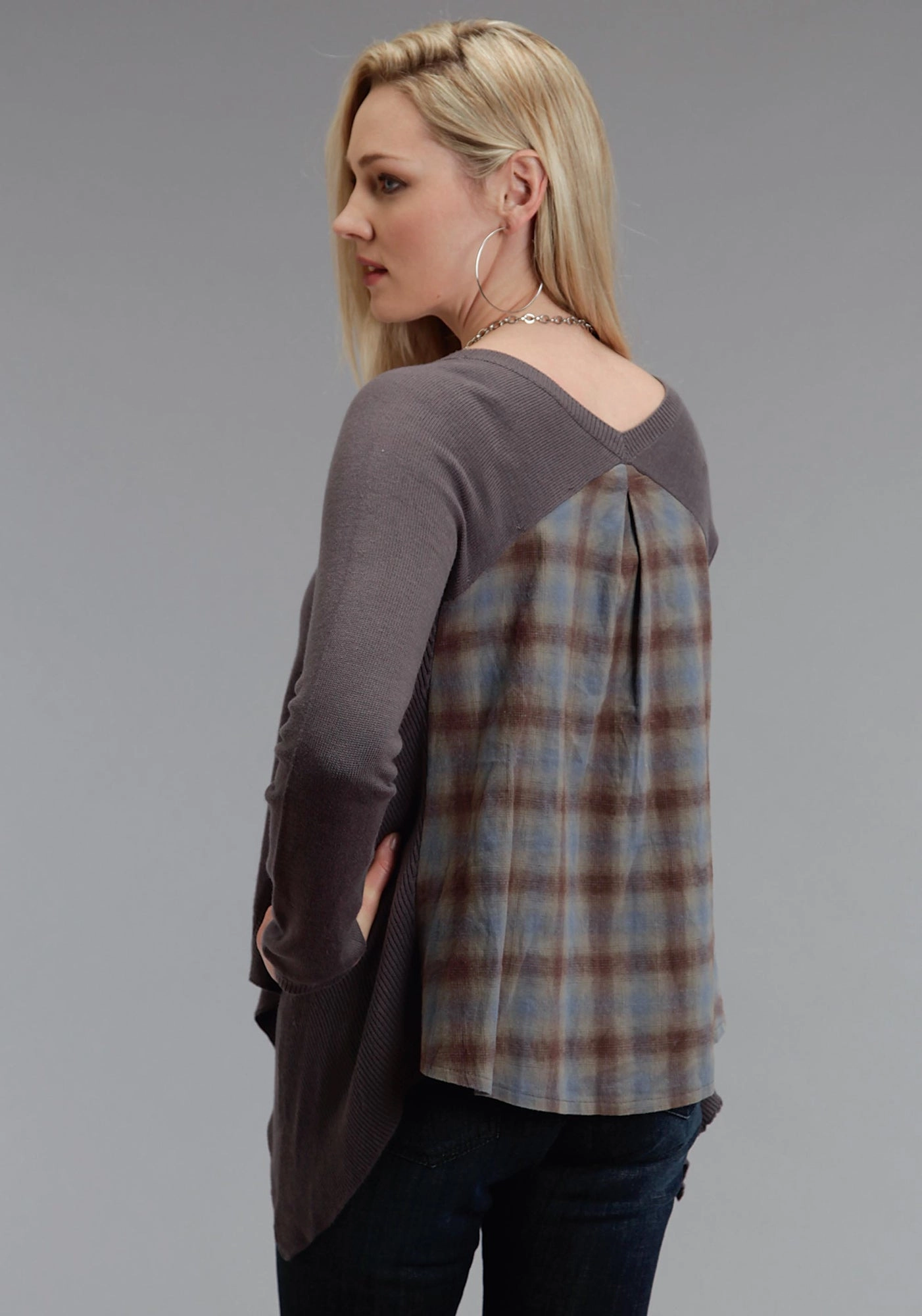 Stetson Womens 758 Plaid Peasant Grey/Brown Cotton Blend L/S Tunic Sophisticated Elegance Recycled Polyester Blend