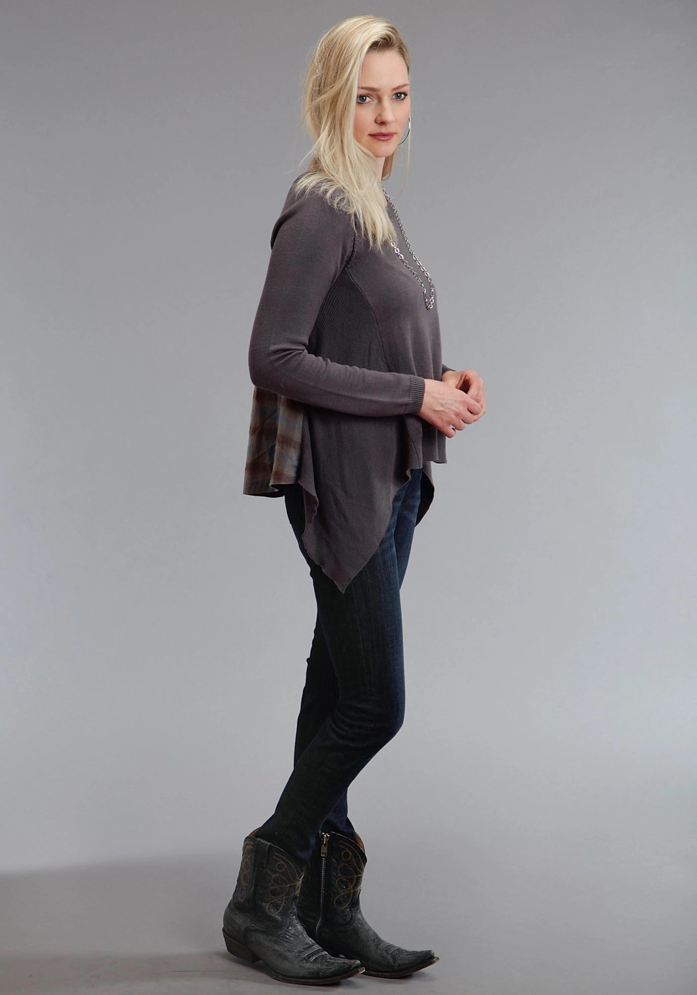 Modern Fit Stetson Womens 758 Plaid Peasant Grey/Brown Cotton Blend L/S Tunic