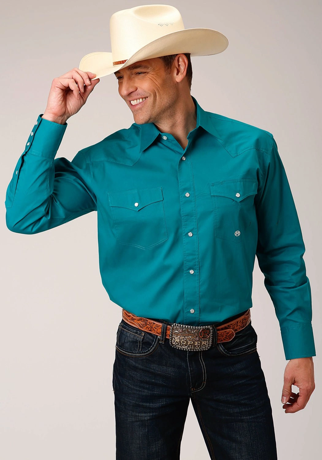 Roper Mens Turquoise 100% Cotton Poplin Stretch L/S Tall Shirt Lightweight Comfort Glossy Texture