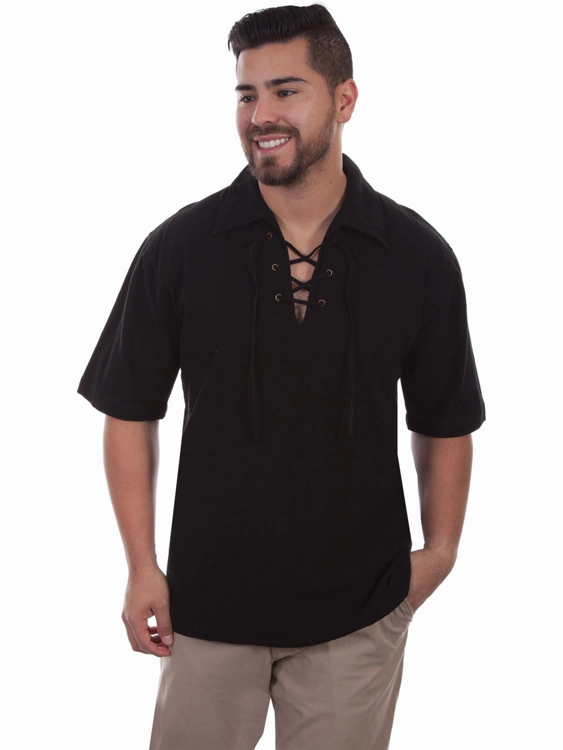 Scully Mens Black 100% Cotton Lace-up Gauze S/S Shirt Premium Pima Cotton