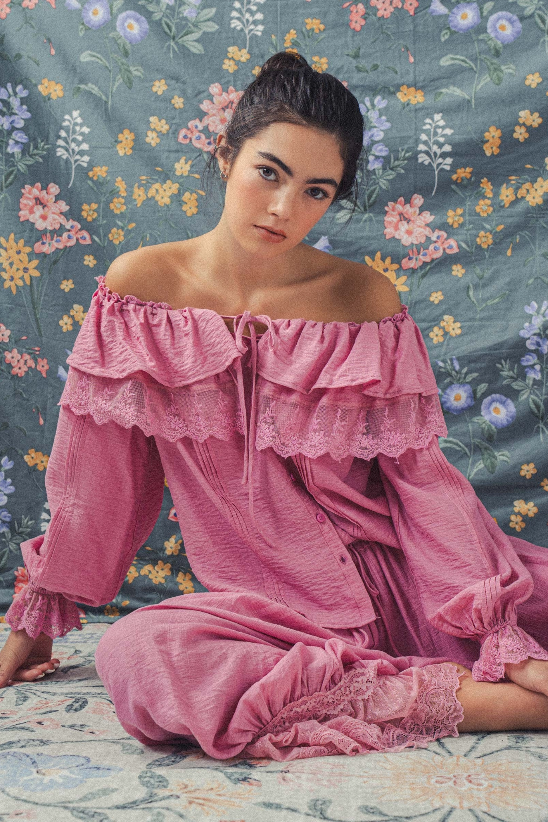 Lace Ruffled Blouse - Pink Adaptive Waistband