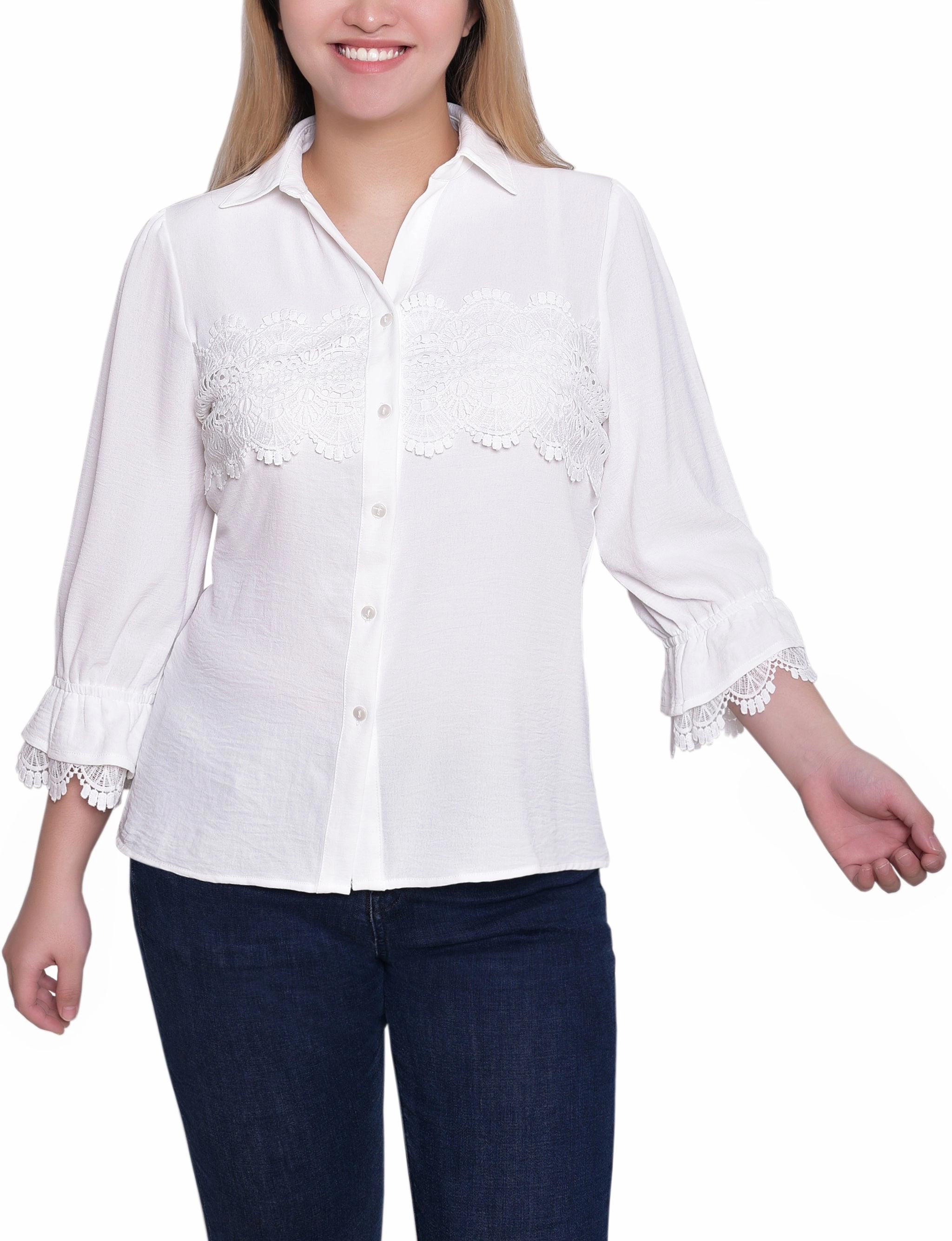 3/4 Sleeve Blouse With Lace Details HypoallergenicMaterial