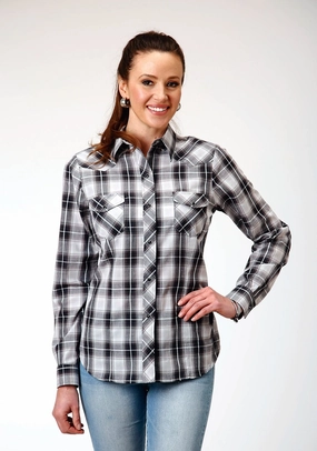 Roper Womens 1881 Plaid Black/Aqua Cotton Blend L/S Shirt Stretchy Cloth