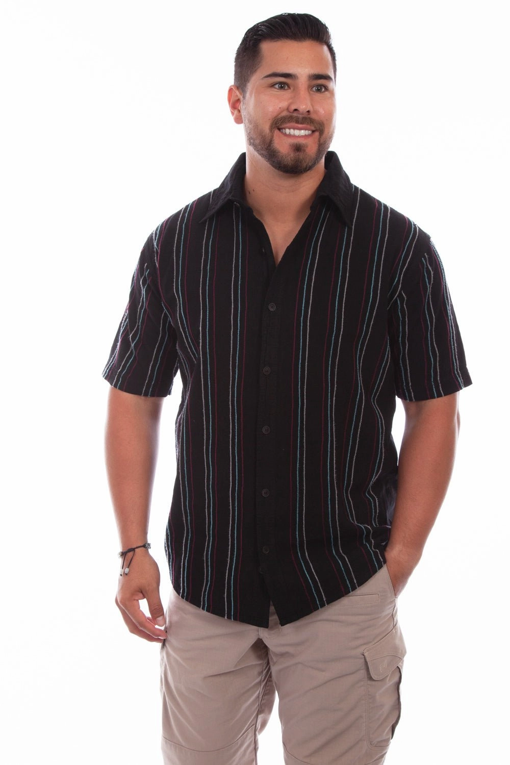 Tuckable Hem Scully Mens Black 100% Cotton Quartz Stripe S/S Shirt