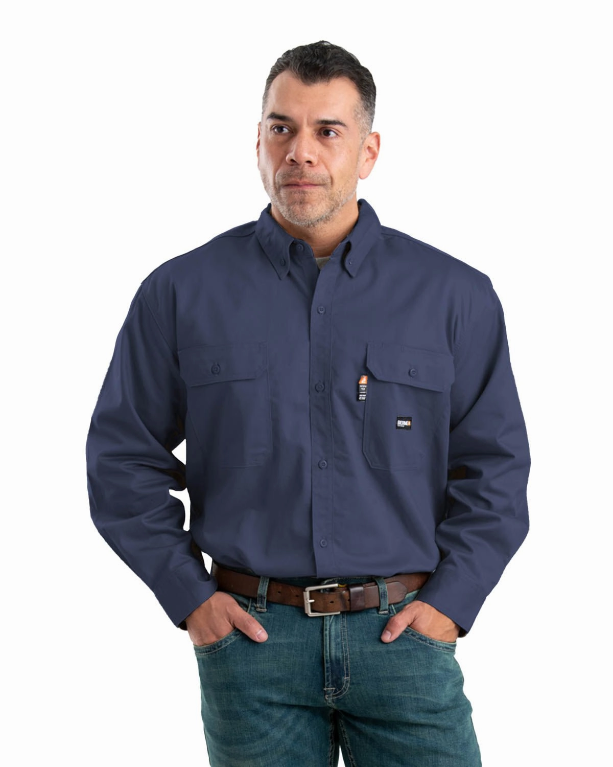 Berne Mens Navy Cotton Blend FR Button Down Workshirt L/S Double Needle Hemming