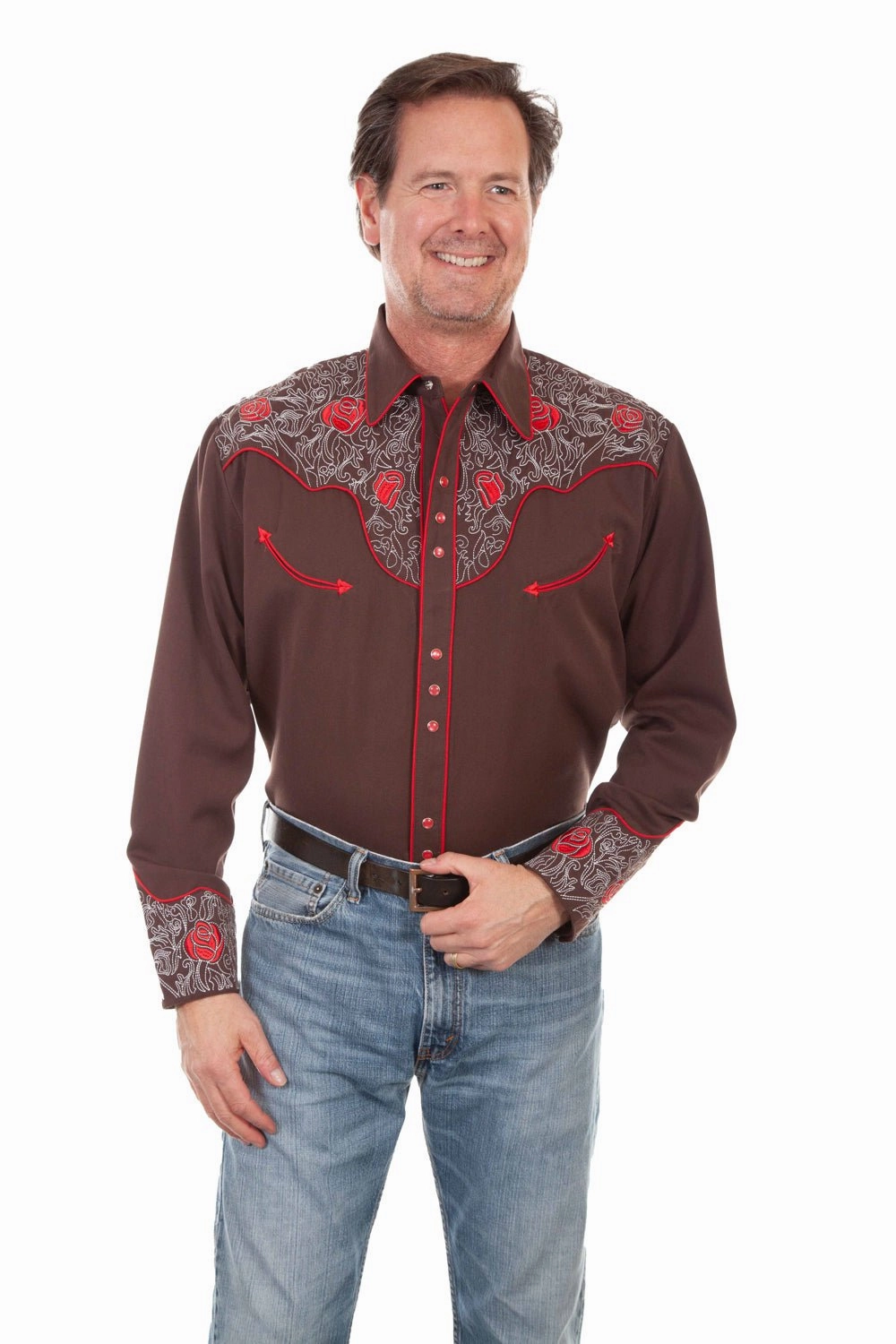 Fade Resistant Formula Inner Layer Scully Mens Mesmerising Red Roses Chocolate Poly/Rayon L/S Shirt