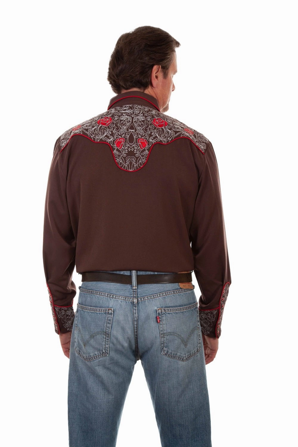 Scully Mens Mesmerising Red Roses Chocolate Poly/Rayon L/S Shirt Wrinkle Resistant Material