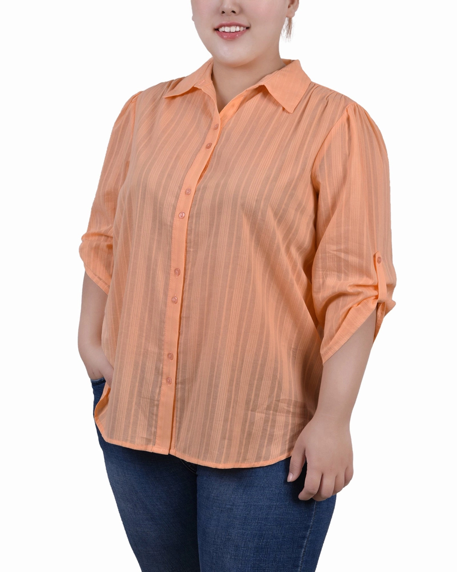 Plus Size 3/4 Roll Tab Sleeve Cotton Blouse AbrasionResistant