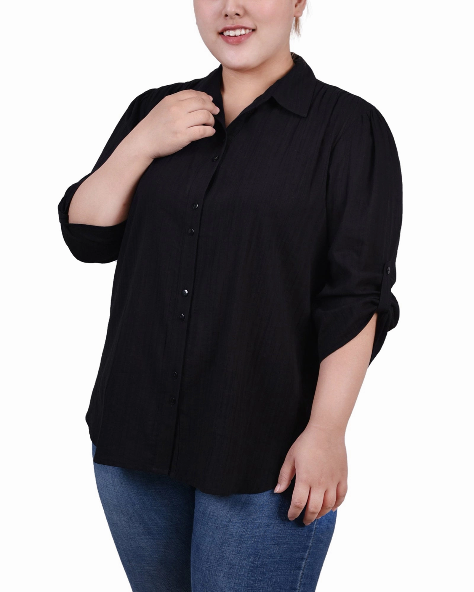 Flex Fit Shoulder Construction SlubTexture Plus Size 3/4 Roll Tab Sleeve Cotton Blouse