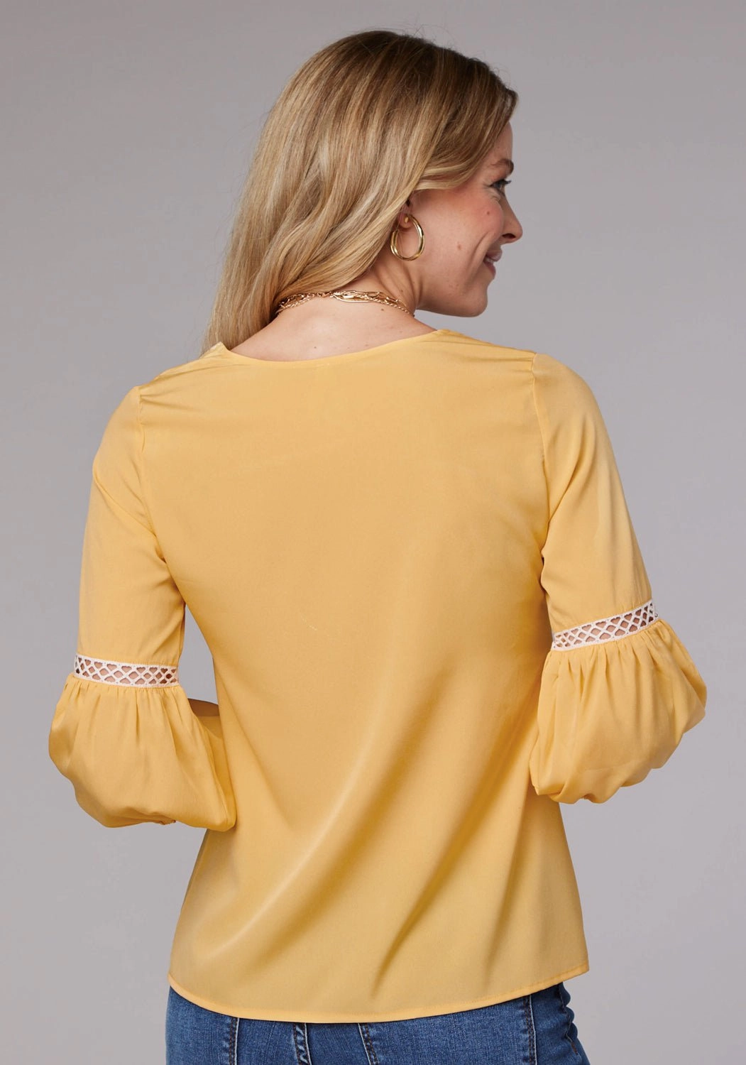 Roper Womens Bishop Sleeve Crepe Yellow 100% Polyester S/S Blouse Two Tone Stitching