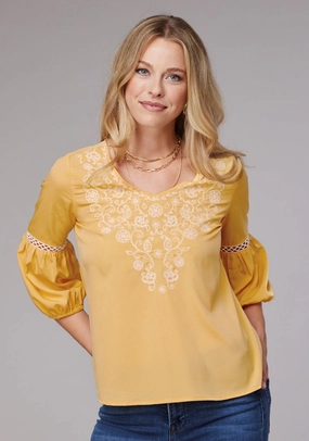 Roper Womens Bishop Sleeve Crepe Yellow 100% Polyester S/S Blouse Stretchable Fabric Cultural Inspired