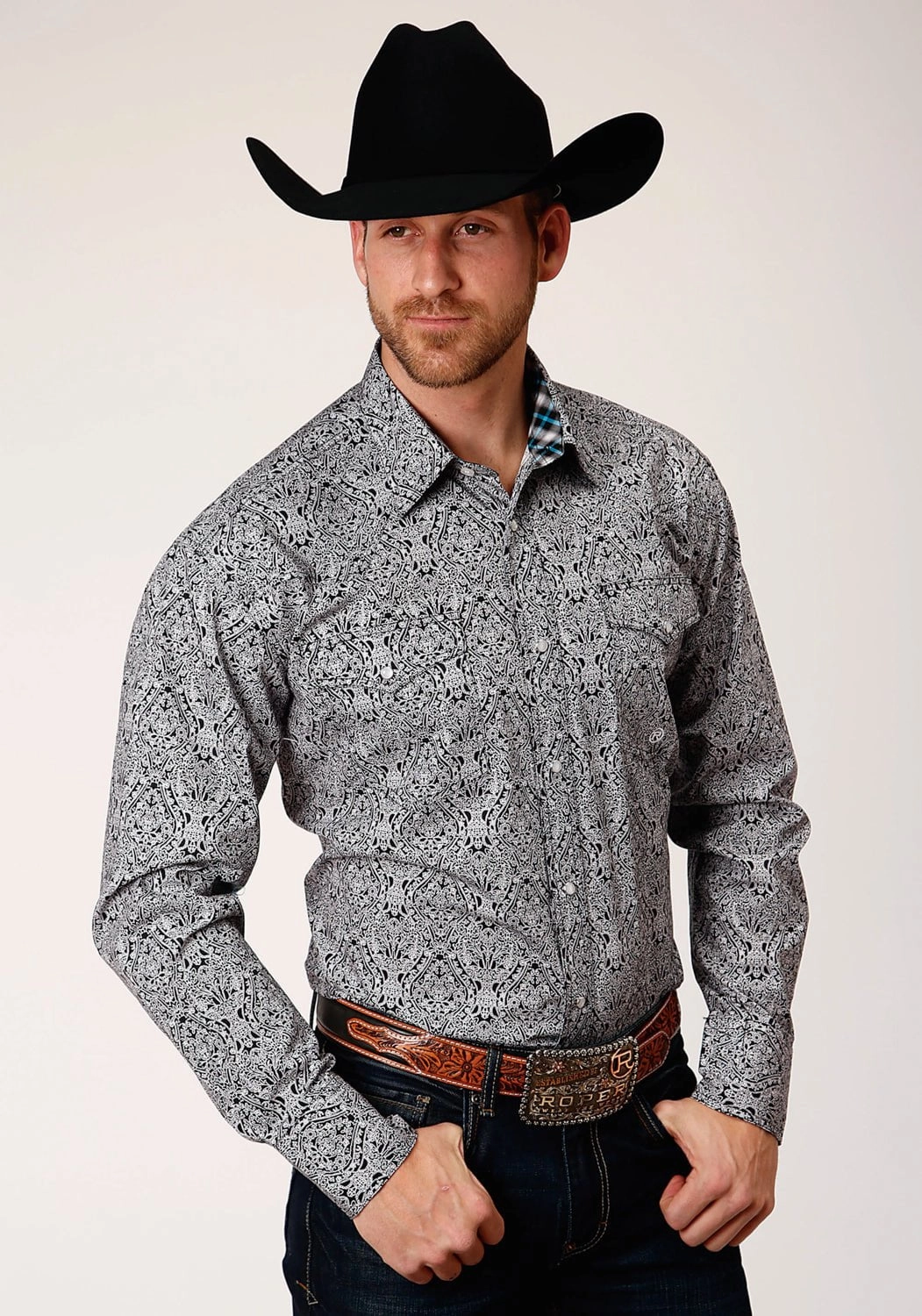 Roper Mens Black 100% Cotton Medallion Paisley L/S Tall Shirt Everyday Wear Sustainable Manufacturing Process