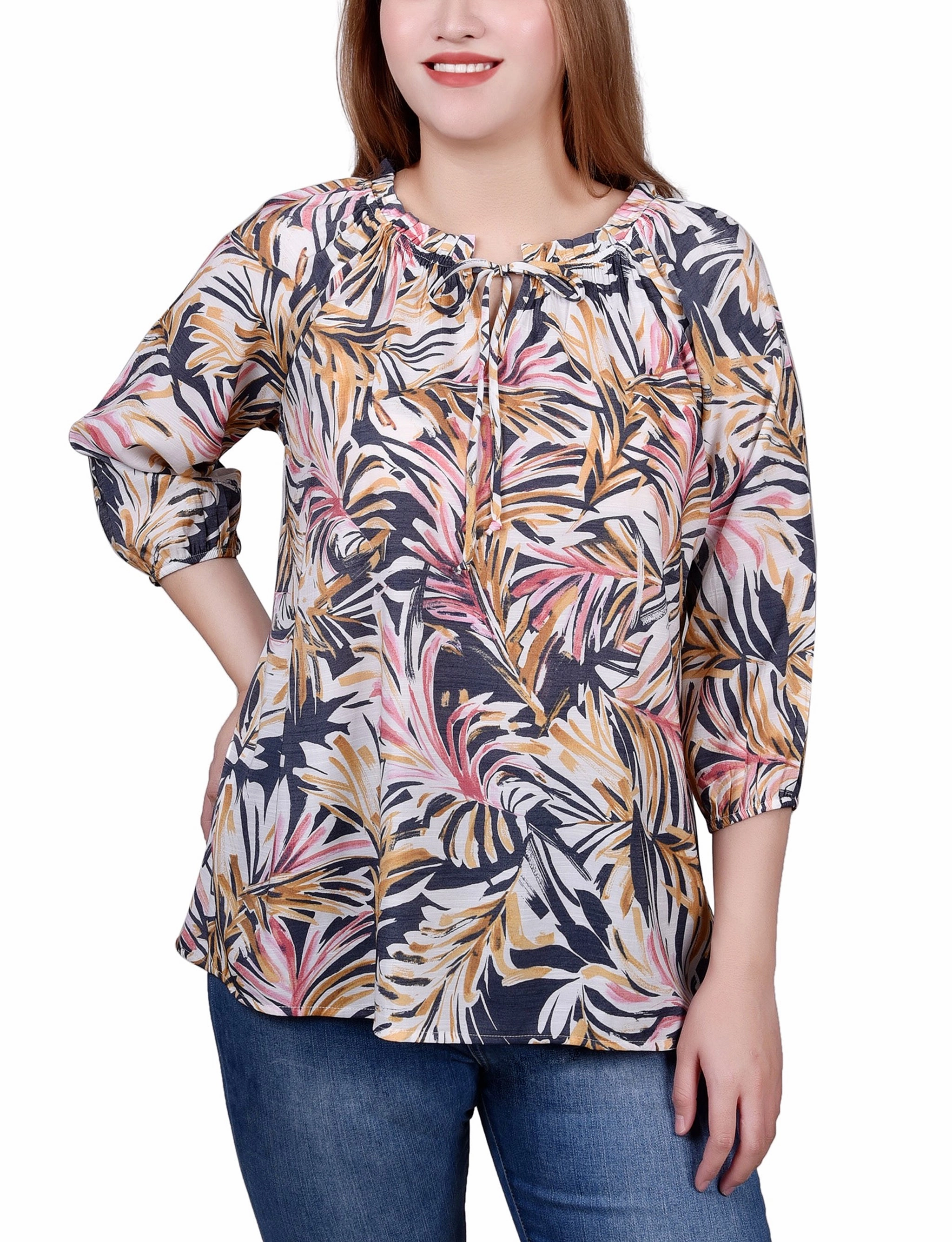 Subtle Texture Weave WaterRepellent Finish Petite 3/4 Sleeve Drawstring Neck Blouse