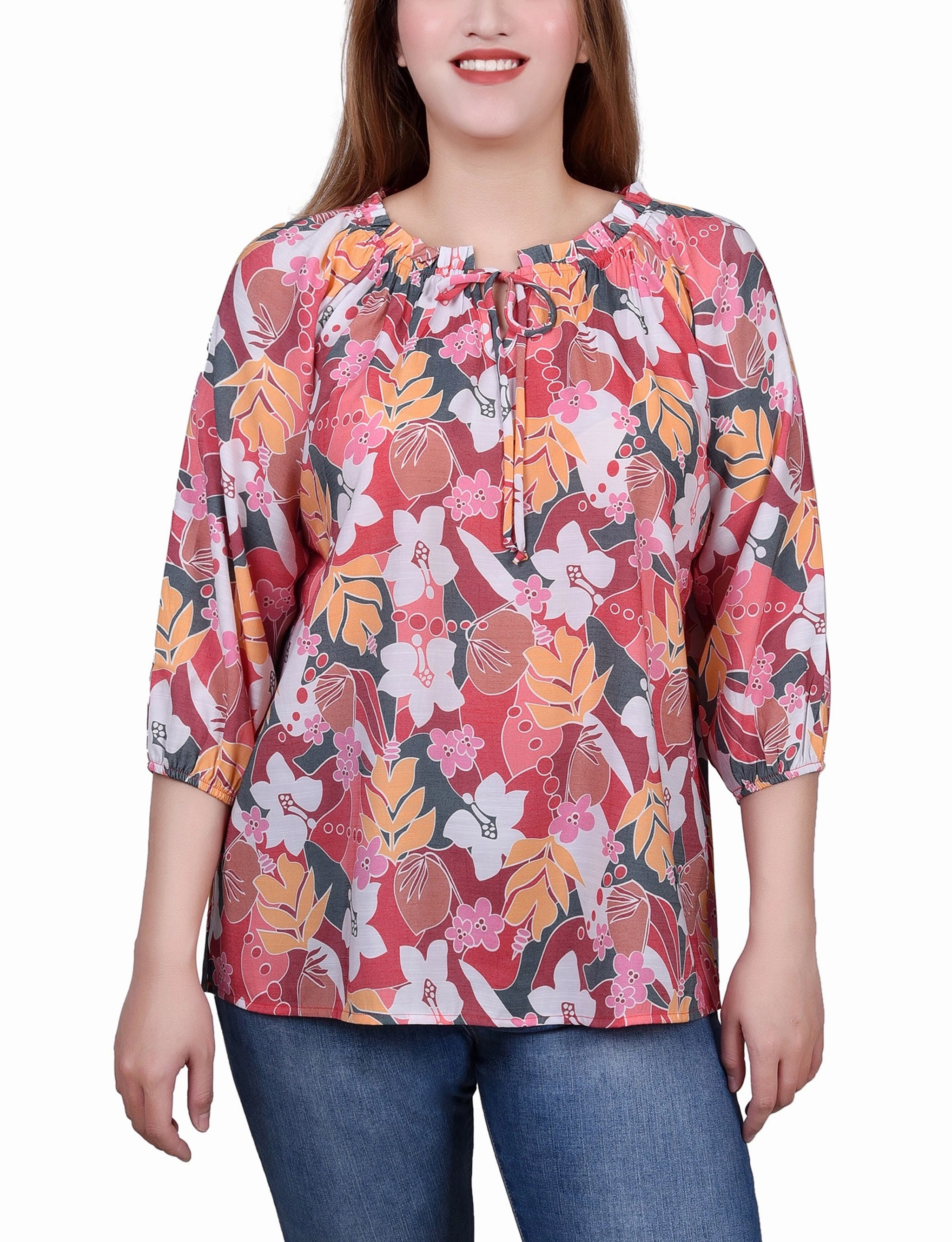 NonIrritatingSeams Petite 3/4 Sleeve Drawstring Neck Blouse