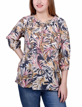 Petite 3/4 Sleeve Drawstring Neck Blouse WaffleWeave