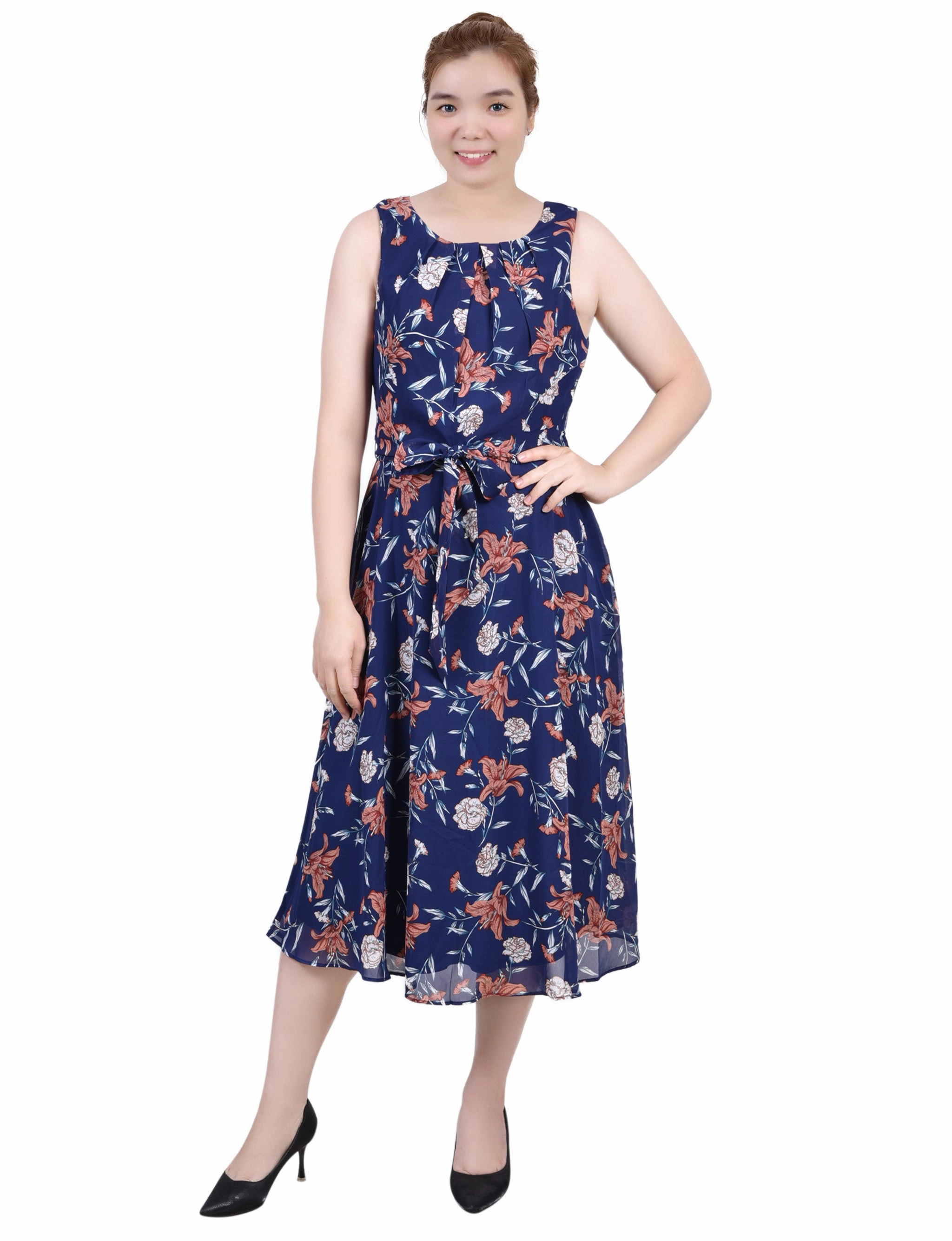 Knot-Detail Sleeveless Chiffon Belted Dress