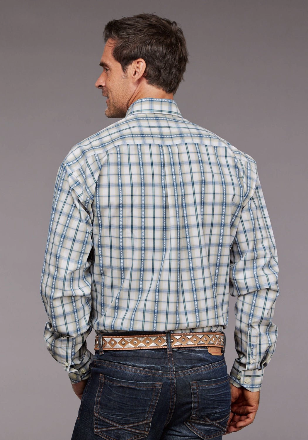 Stetson Mens Shadow Dobby Plaid Blue 100% Cotton 1 Pkt L/S Shirt youth trend Flexible Movement