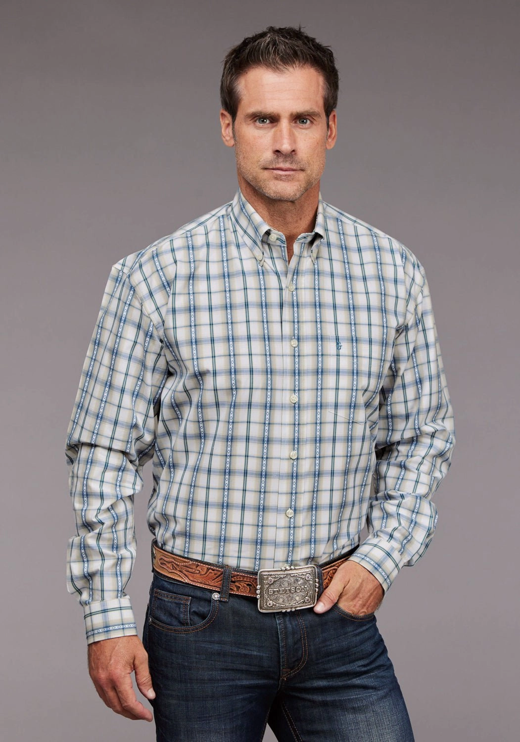 Subtle Details Stetson Mens Shadow Dobby Plaid Blue 100% Cotton 1 Pkt L/S Shirt