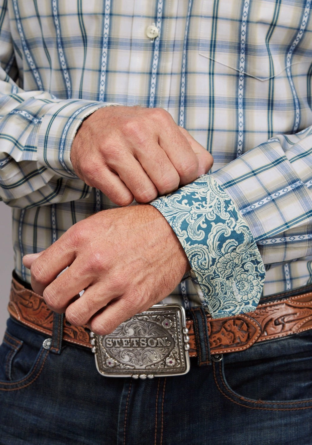 Stetson Mens Shadow Dobby Plaid Blue 100% Cotton 1 Pkt L/S Shirt Hidden Button Placket