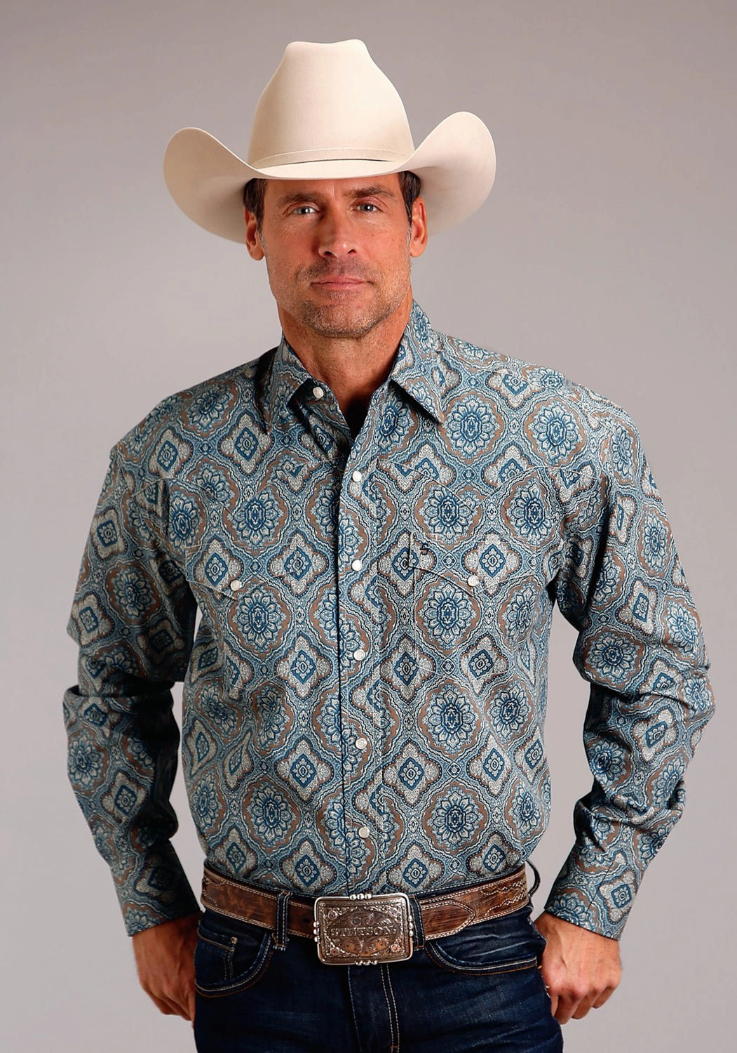 Stetson Mens Sierra Paisley Blue 100% Cotton L/S Shirt Snag Resistant Fabric Conference Appropriate