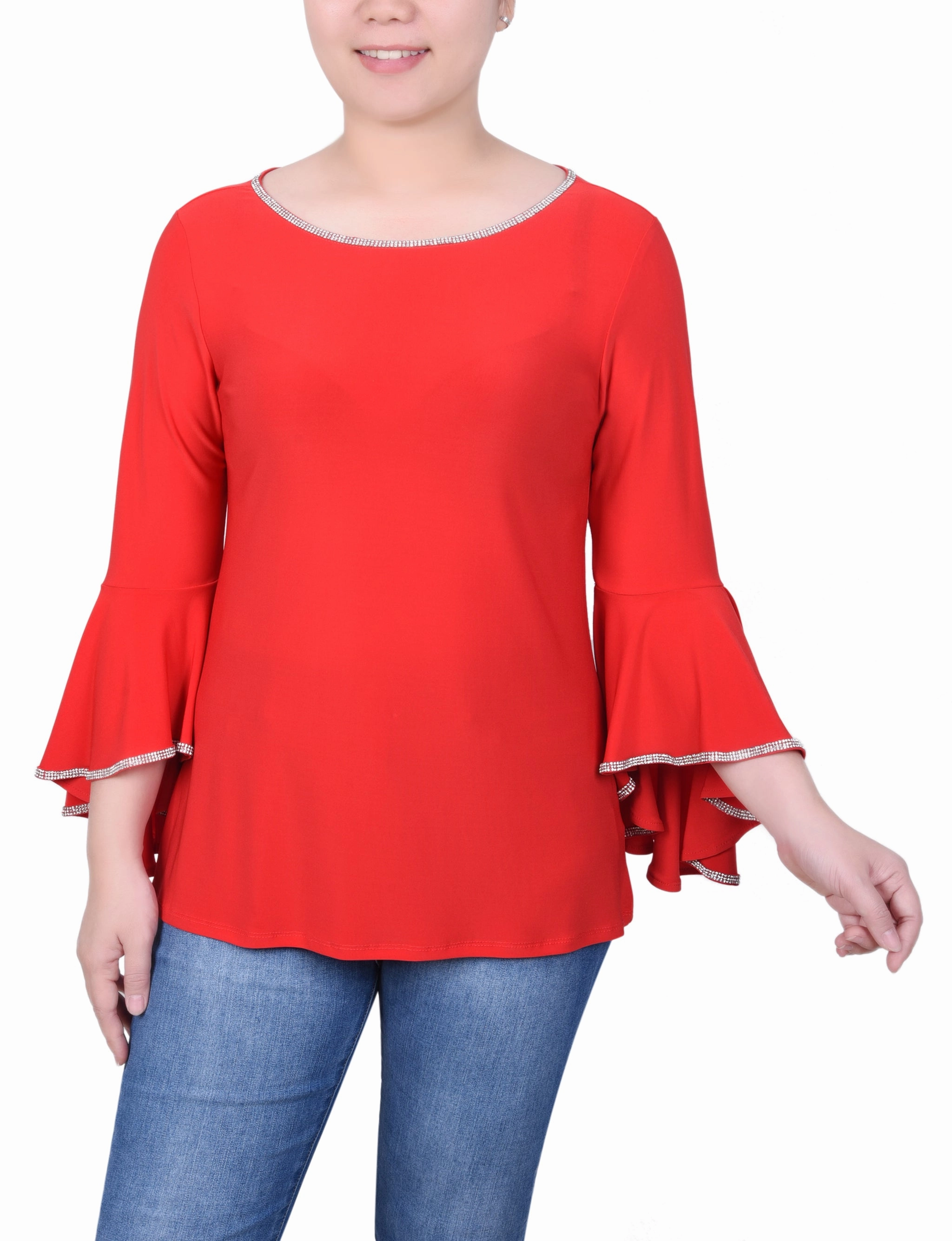 Petite Long Bell Sleeve Tunic Top With Stone Details SeamlessKnitConstruction