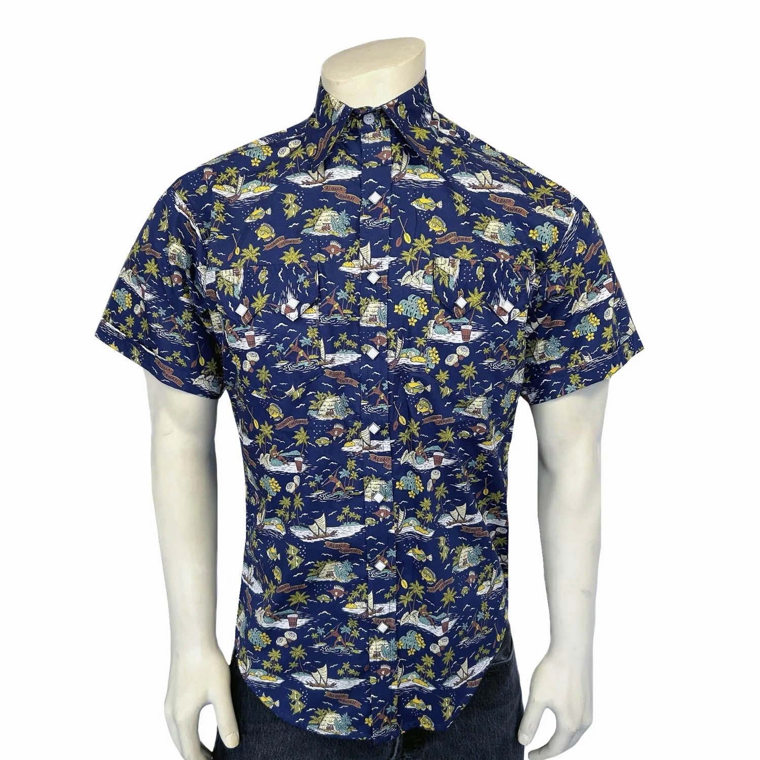 Rockmount Mens Hawaiian Print Western Blue 100% Cotton S/S Shirt Daytime Look